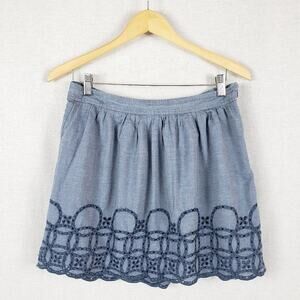Gap Flounce Skirt Women 6 Blue Chambray Cotton Gathered Eyelet Embroidered Zip